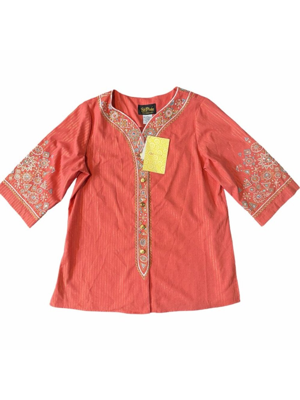 NWT Bob Mackie L Wearable Art Coral Pink Embroidered Geometric Aztec Tunic Top